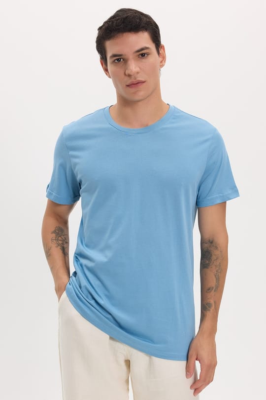 Unisex Slim Fit Dar Kesim %100 Pamuk Yumuşak Dokulu Mavi Bisiklet Yaka Tişört
