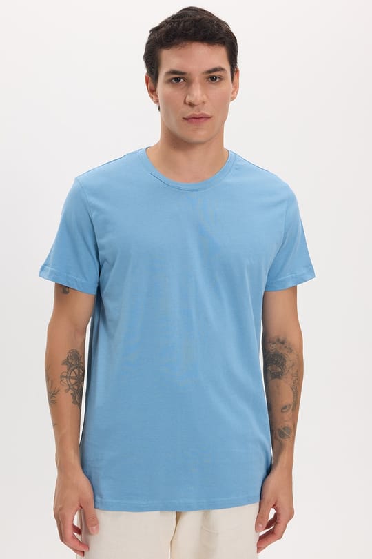 Unisex Slim Fit Dar Kesim %100 Pamuk Yumuşak Dokulu Mavi Bisiklet Yaka Tişört