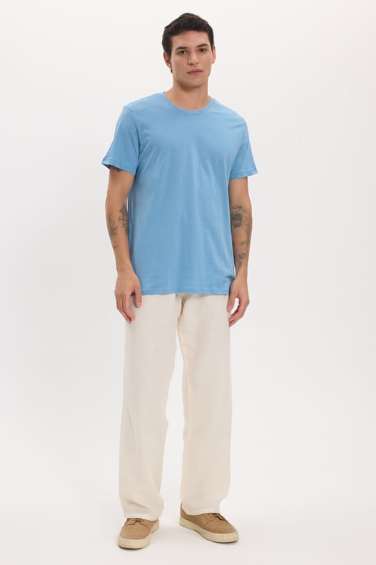Unisex Slim Fit Dar Kesim %100 Pamuk Yumuşak Dokulu Mavi Bisiklet Yaka Tişört