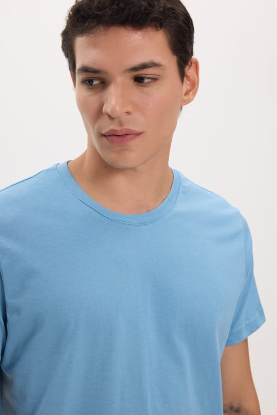 Unisex Slim Fit Dar Kesim %100 Pamuk Yumuşak Dokulu Mavi Bisiklet Yaka Tişört