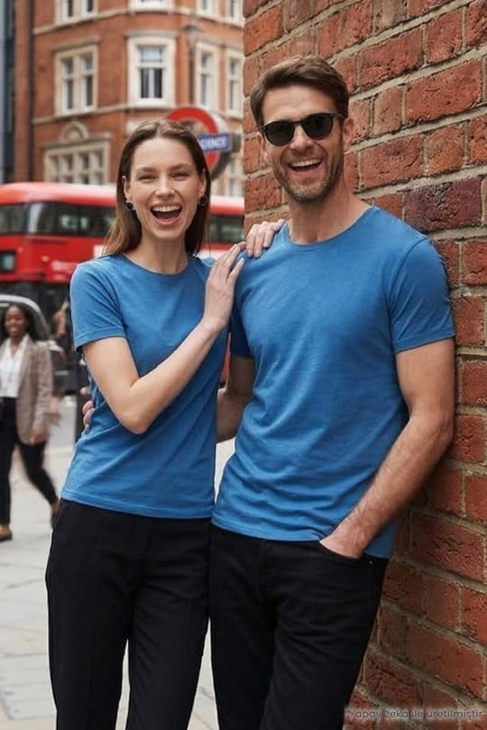 Unisex Slim Fit Dar Kesim %100 Pamuk Yumuşak Dokulu Mavi Bisiklet Yaka Tişört