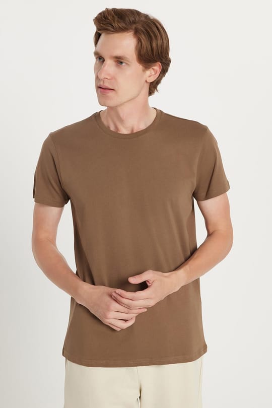 Unisex Slim Fit Dar Kesim %100 Pamuk Yumuşak Dokulu Kahverengi Bisiklet Yaka Tişört