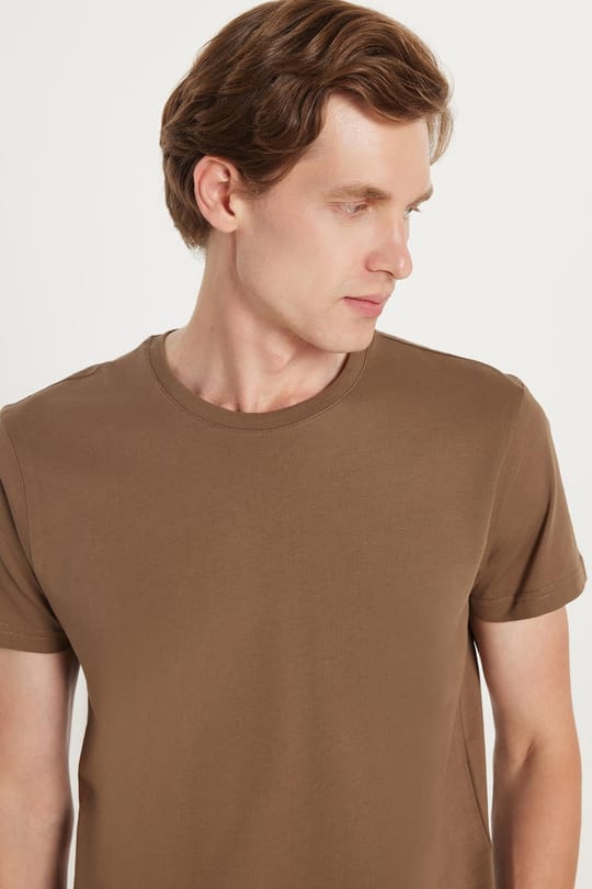 Unisex Slim Fit Dar Kesim %100 Pamuk Yumuşak Dokulu Kahverengi Bisiklet Yaka Tişört