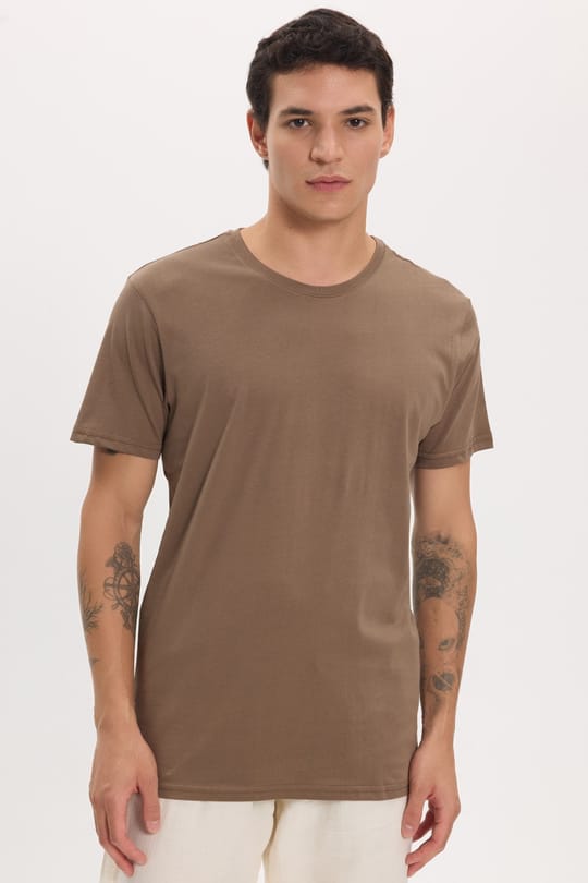 Unisex Slim Fit Dar Kesim %100 Pamuk Yumuşak Dokulu Kahverengi Bisiklet Yaka Tişört