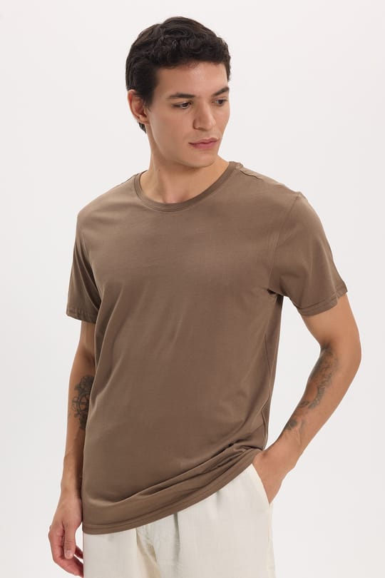 Unisex Slim Fit Dar Kesim %100 Pamuk Yumuşak Dokulu Kahverengi Bisiklet Yaka Tişört