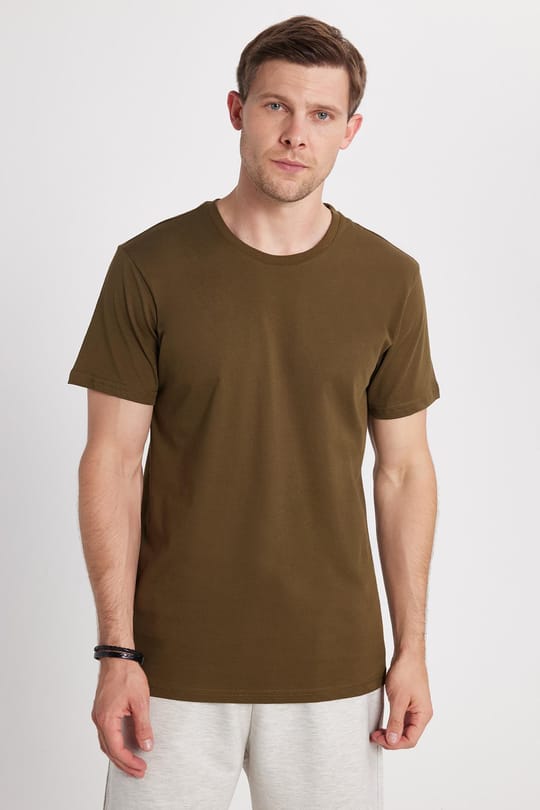 Unisex Slim Fit Dar Kesim %100 Pamuk Yumuşak Dokulu Haki Bisiklet Yaka Tişört