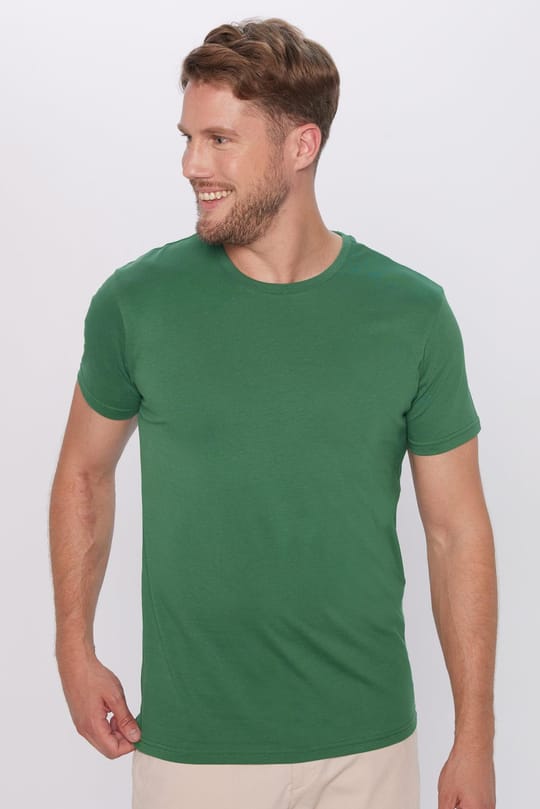 Unisex Slim Fit Dar Kesim %100 Pamuk Yumuşak Dokulu Yeşil Bisiklet Yaka Tişört