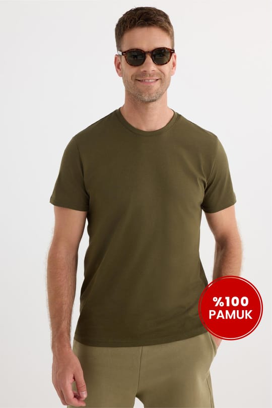 Unisex Slim Fit Dar Kesim %100 Pamuk Yumuşak Dokulu Yeşil Bisiklet Yaka Tişört