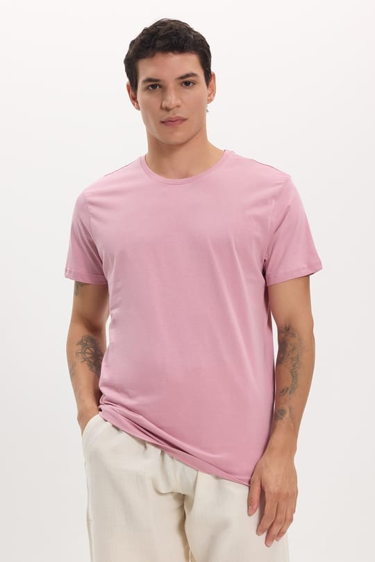 Unisex Slim Fit Dar Kesim %100 Pamuk Yumuşak Dokulu Lila Bisiklet Yaka Tişört