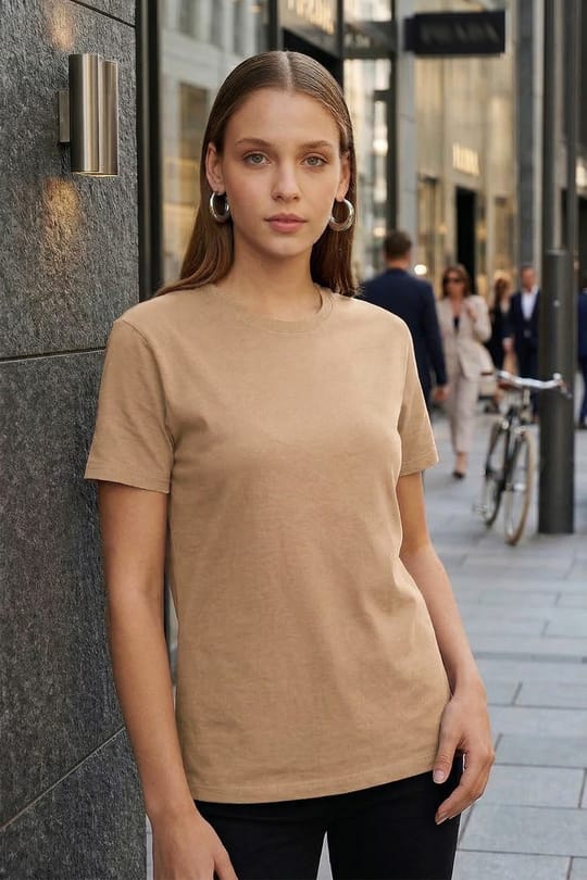 Unisex Slim Fit Dar Kesim %100 Pamuk Yumuşak Dokulu Vizon Renk Bisiklet Yaka Tişört
