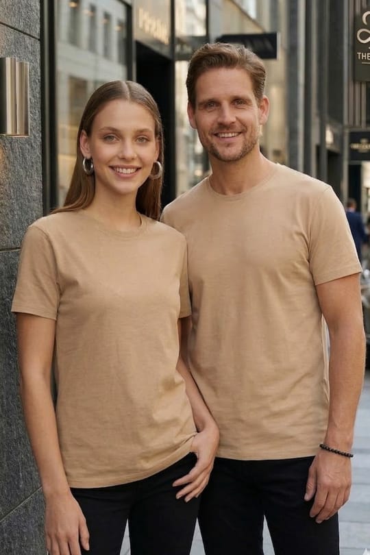 Unisex Slim Fit Dar Kesim %100 Pamuk Yumuşak Dokulu Vizon Renk Bisiklet Yaka Tişört