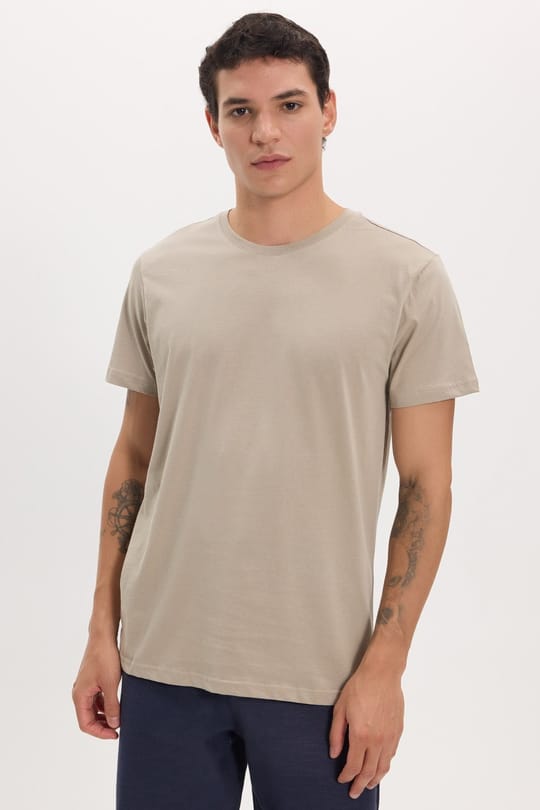 Unisex Slim Fit Dar Kesim %100 Pamuk Yumuşak Dokulu Vizon Bisiklet Yaka Tişört