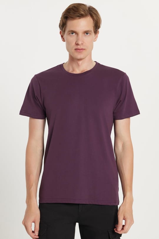 Unisex Slim Fit Dar Kesim %100 Pamuk Yumuşak Dokulu Mor Bisiklet Yaka Tişört
