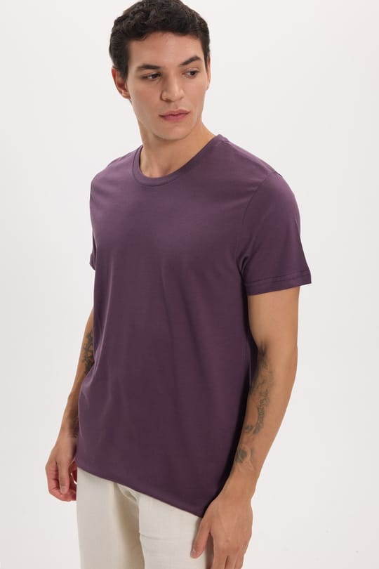 Unisex Slim Fit Dar Kesim %100 Pamuk Yumuşak Dokulu Mor Bisiklet Yaka Tişört