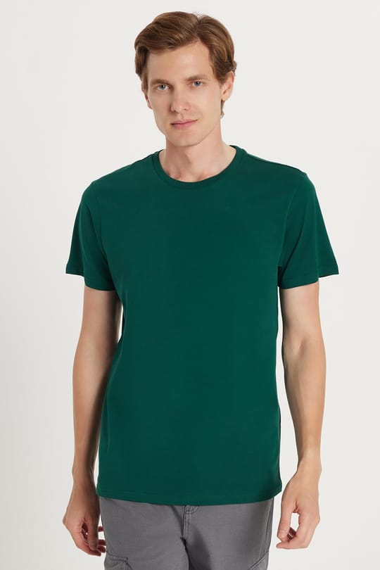 Unisex Slim Fit Dar Kesim %100 Pamuk Yumuşak Dokulu Yeşil Bisiklet Yaka Tişört