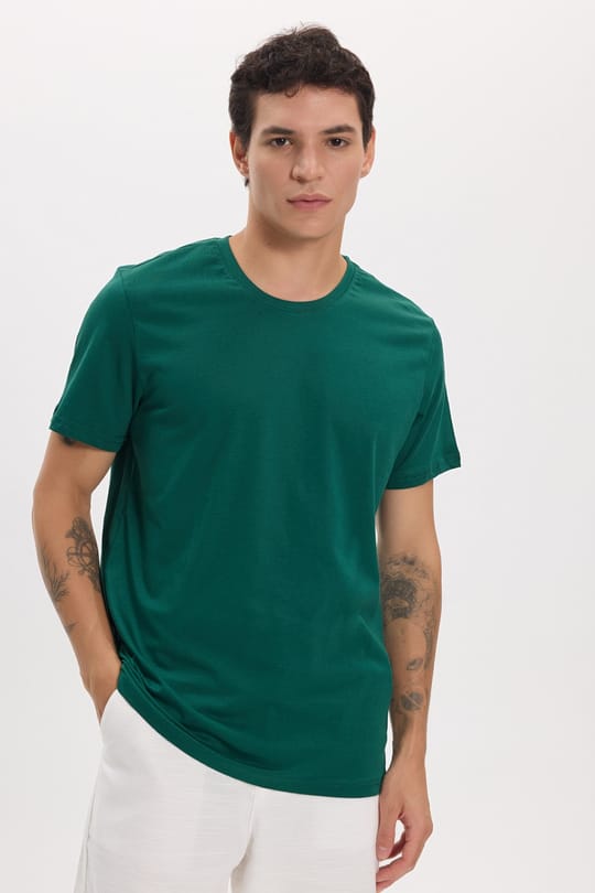 Unisex Slim Fit Dar Kesim %100 Pamuk Yumuşak Dokulu Yeşil Bisiklet Yaka Tişört