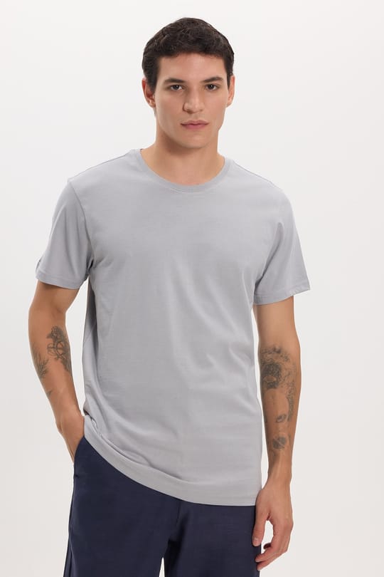 Unisex Slim Fit Dar Kesim %100 Pamuk Yumuşak Dokulu Gri Bisiklet Yaka Tişört