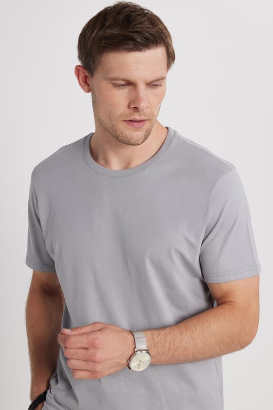 Unisex Slim Fit Dar Kesim %100 Pamuk Yumuşak Dokulu Gri Bisiklet Yaka Tişört