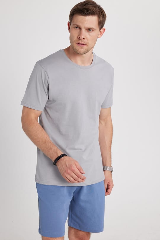 Unisex Slim Fit Dar Kesim %100 Pamuk Yumuşak Dokulu Gri Bisiklet Yaka Tişört