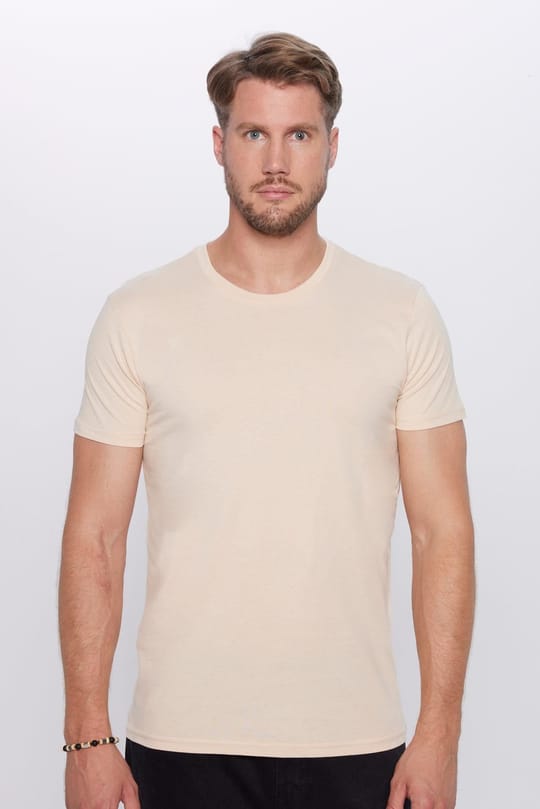 Unisex Slim Fit Dar Kesim %100 Pamuk Yumuşak Dokulu Krem Renk Bisiklet Yaka Tişört