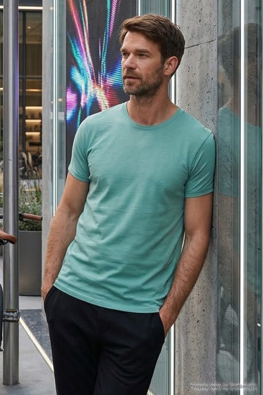 Unisex Slim Fit Dar Kesim %100 Pamuk Yumuşak Dokulu Yeşil Bisiklet Yaka Tişört