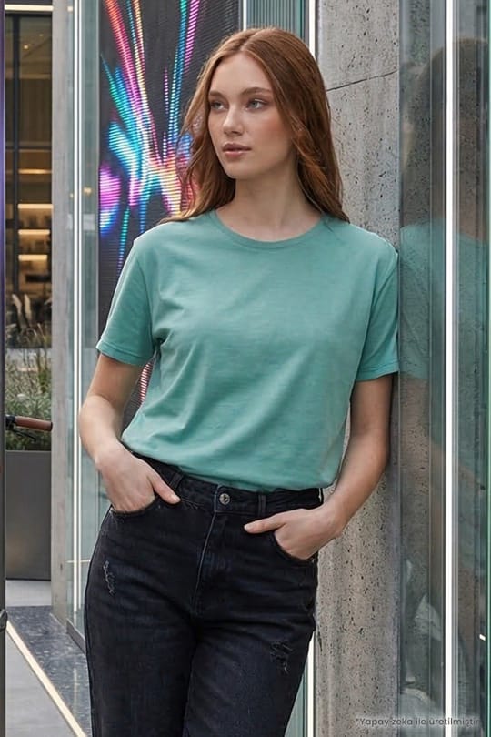 Unisex Slim Fit Dar Kesim %100 Pamuk Yumuşak Dokulu Yeşil Bisiklet Yaka Tişört