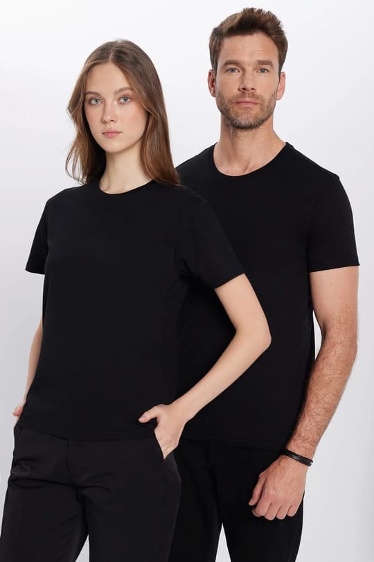 Unisex 5li Paket Siyah Slim Fit Dar Kesim %100 Pamuk Bisiklet Yaka Tişört