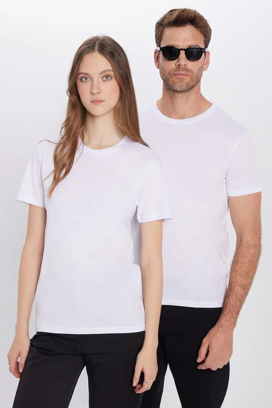 Unisex 5li Paket Beyaz Slim Fit Dar Kesim %100 Pamuk Bisiklet Yaka Tişört