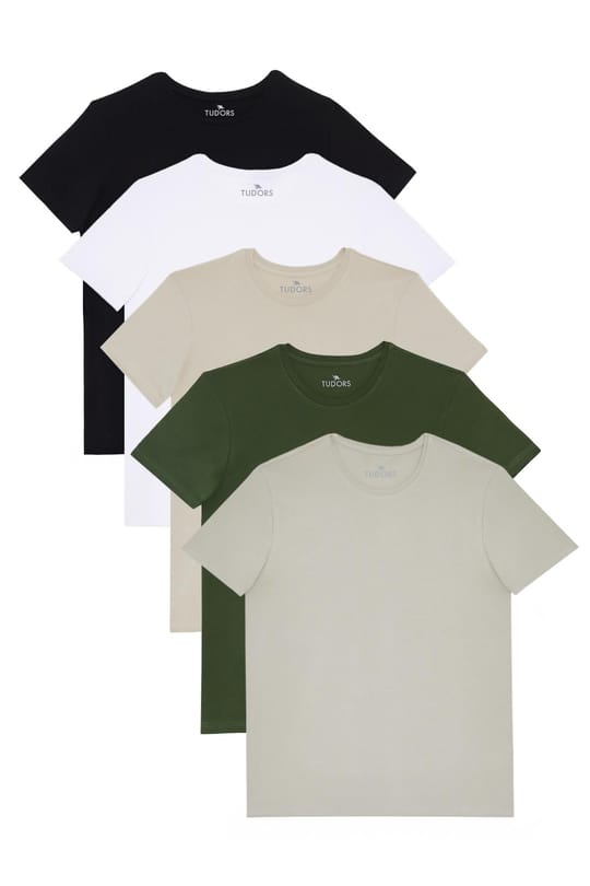 Unisex 5'li Paket Siyah-Beyaz-Taş-Gri-Haki Slim Fit Dar Kesim %100 Pamuk Bisiklet Yaka Tişört