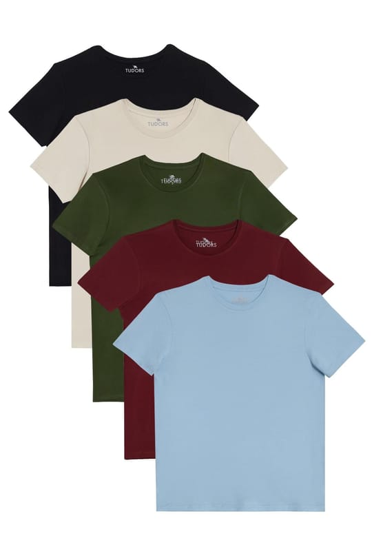 Unisex 5'li Paket Siyah-Beyaz-Haki-Bordo-Vizon Slim Fit Dar Kesim %100 Pamuk Bisiklet Yaka Tişört
