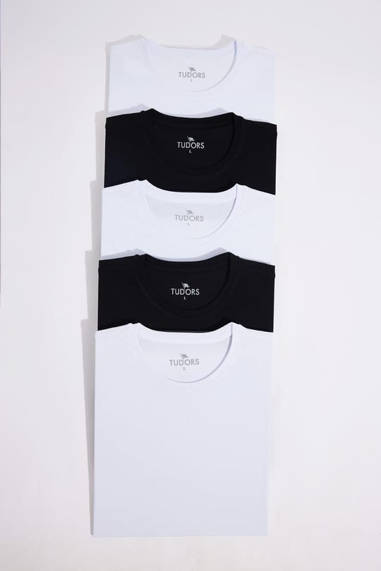 Unisex 5li Paket Siyah-Beyaz Slim Fit Dar Kesim %100 Pamuk Bisiklet Yaka Tişört