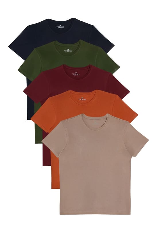 Unisex 5'li Paket Lacivert-Haki-Bordo-Tarçın-Vizon Slim Fit Dar Kesim %100 Pamuk Bisiklet Yaka Tişört