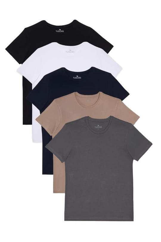 Unisex 5'li Paket Siyah-Beyaz-Lacivert-Vizon-Gri Slim Fit Dar Kesim %100 Pamuk Bisiklet Yaka Tişört