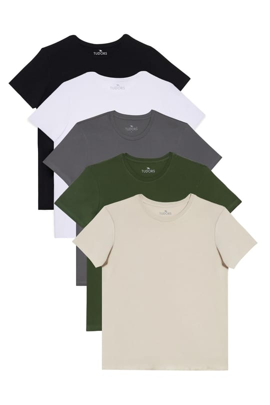 Unisex 5li Paket Siyah-Beyaz-K. Gri-Haki-Taş Slim Fit Dar Kesim %100 Pamuk Bisiklet Yaka Tişört