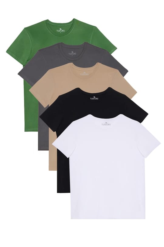 Unisex 5'li Paket Siyah-Beyaz-Füme-Vizon-Yeşil Slim Fit Dar Kesim %100 Pamuk Bisiklet Yaka Tişört