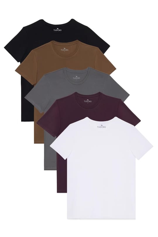 Unisex 5'li Paket Beyaz-Mor-Gri-Kahverengi-Siyah Slim Fit Dar Kesim %100 Pamuk Bisiklet Yaka Tişört