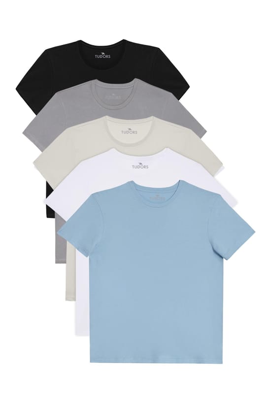 Unisex 5li Paket Siyah-Beyaz-Taş-Mavi-Gri Slim Fit Dar Kesim %100 Pamuk Bisiklet Yaka Tişört