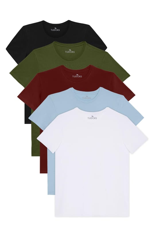 Unisex 5li Pkt Siyah-Beyaz-Bordo-Haki-Açık Mavi Slim Fit Dar Kesim %100 Pamuk Bisiklet Yaka Tişört