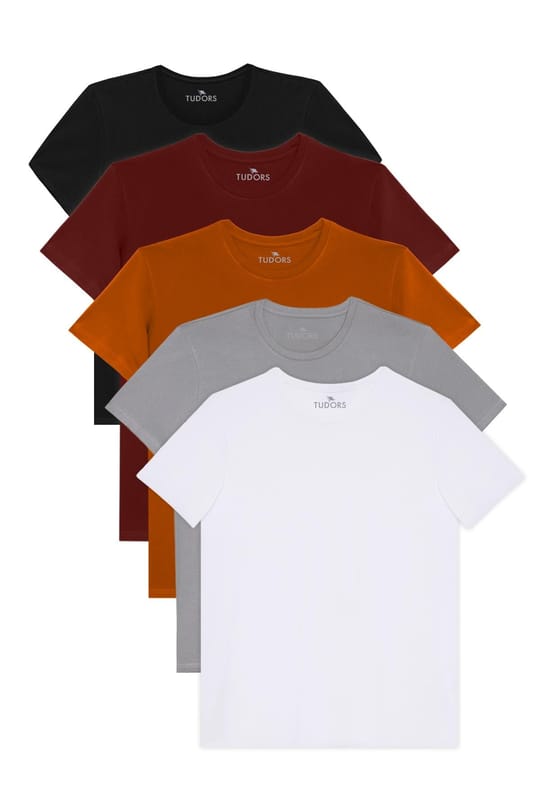 Unisex 5'li Paket Siyah-Beyaz-Haki-Bordo-Vizon Slim Fit Dar Kesim %100 Pamuk Bisiklet Yaka Tişört