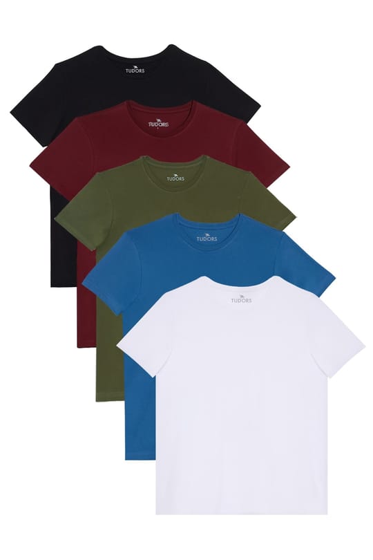 Unisex 5li Paket Siyah-Beyaz-Bordo-Mavi-Yeşil Slim Fit Dar Kesim %100 Pamuk Bisiklet Yaka Tişört