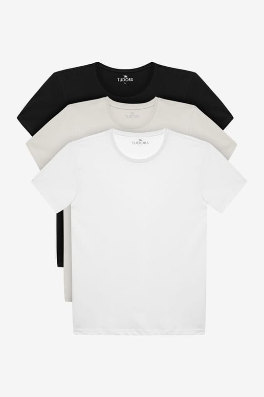 Unisex 3'lü Paket Siyah-Beyaz-Vizon Slim Fit Dar Kesim %100 Pamuk Bisiklet Yaka Tişört