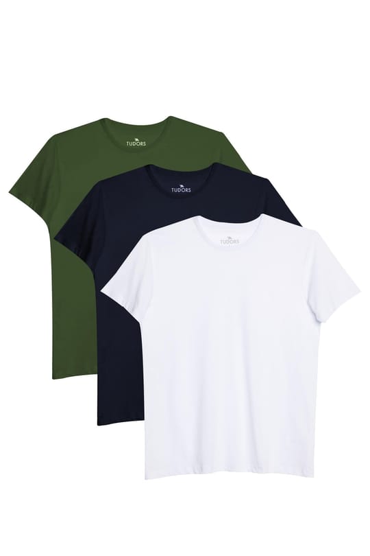 Unisex 3lü Paket Lacivert-Beyaz-Haki Rengi Slim Fit Dar Kesim %100 Pamuk Bisiklet Yaka Tişört