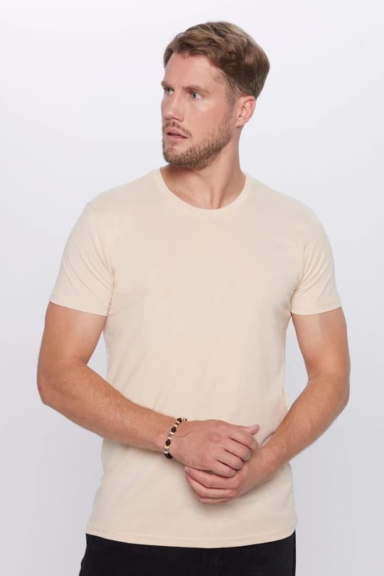 Unisex 3lü Paket Haki-Beyaz-Vanilya Slim Fit Dar Kesim %100 Pamuk Bisiklet Yaka Tişört