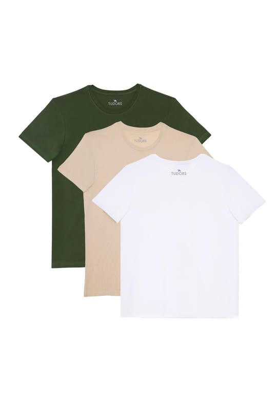Unisex 3lü Paket Haki-Beyaz-Vanilya Slim Fit Dar Kesim %100 Pamuk Bisiklet Yaka Tişört