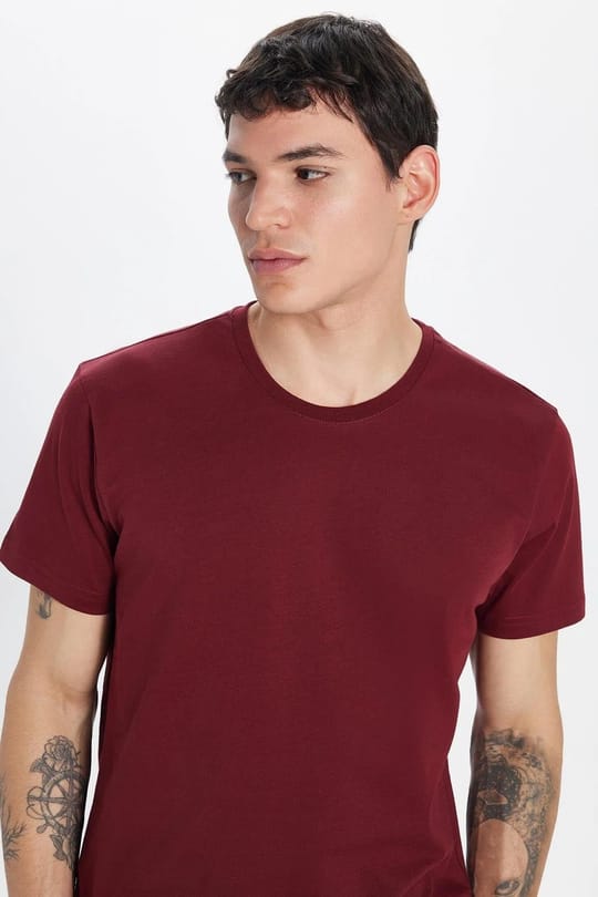 Unisex 3lü Paket Yeşil-Bordo-Mavi Slim Fit Dar Kesim %100 Pamuk Bisiklet Yaka Tişört