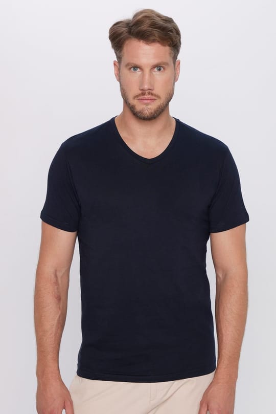Erkek Slim Fit Dar Kesim %100 Pamuk Yumuşak Dokulu Lacivert V Yaka Tişört