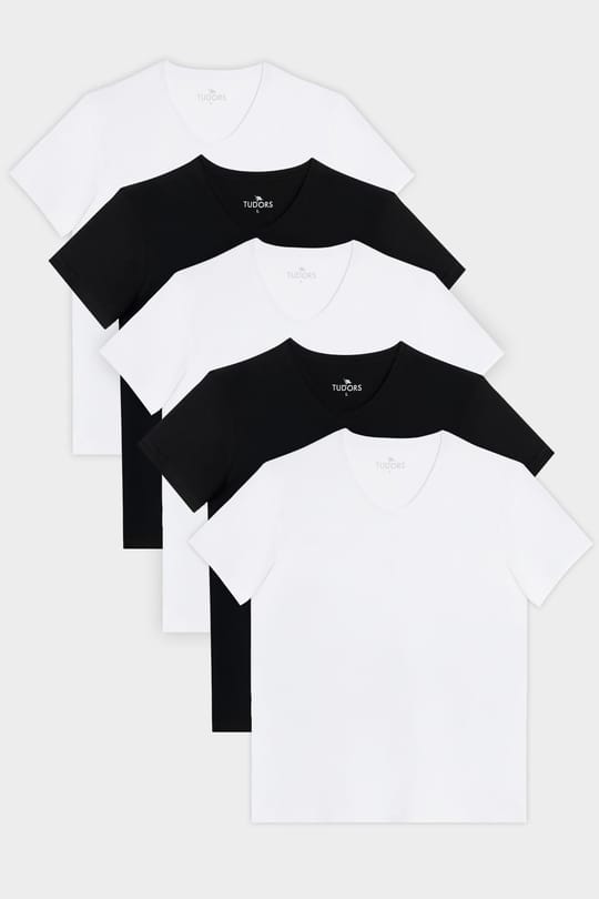 Unisex 5li Paket Siyah-Beyaz Slim Fit Dar Kesim %100 Pamuk V Yaka Tişört