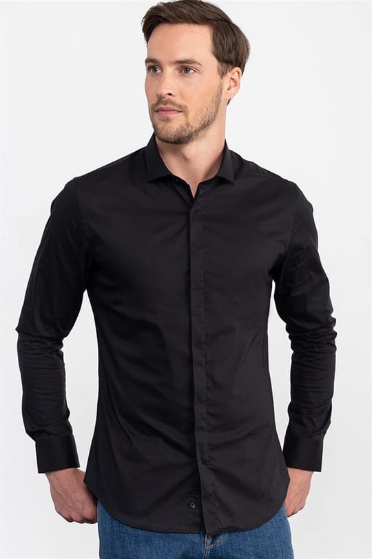 Süper Slim Fit Uzun Kollu Pamuklu Likralı Erkek Siyah Gömlek