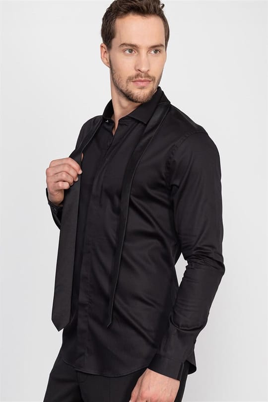Süper Slim Fit Uzun Kollu Extra Likralı Erkek Siyah Gömlek