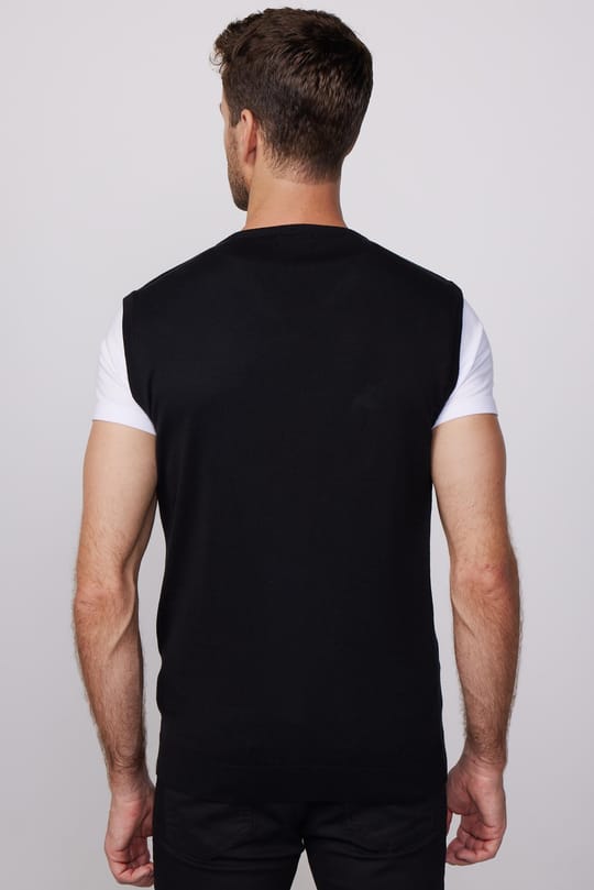 Erkek Slim Fit Dar Kesim V Yaka Kendinden Desenli Siyah Süveter